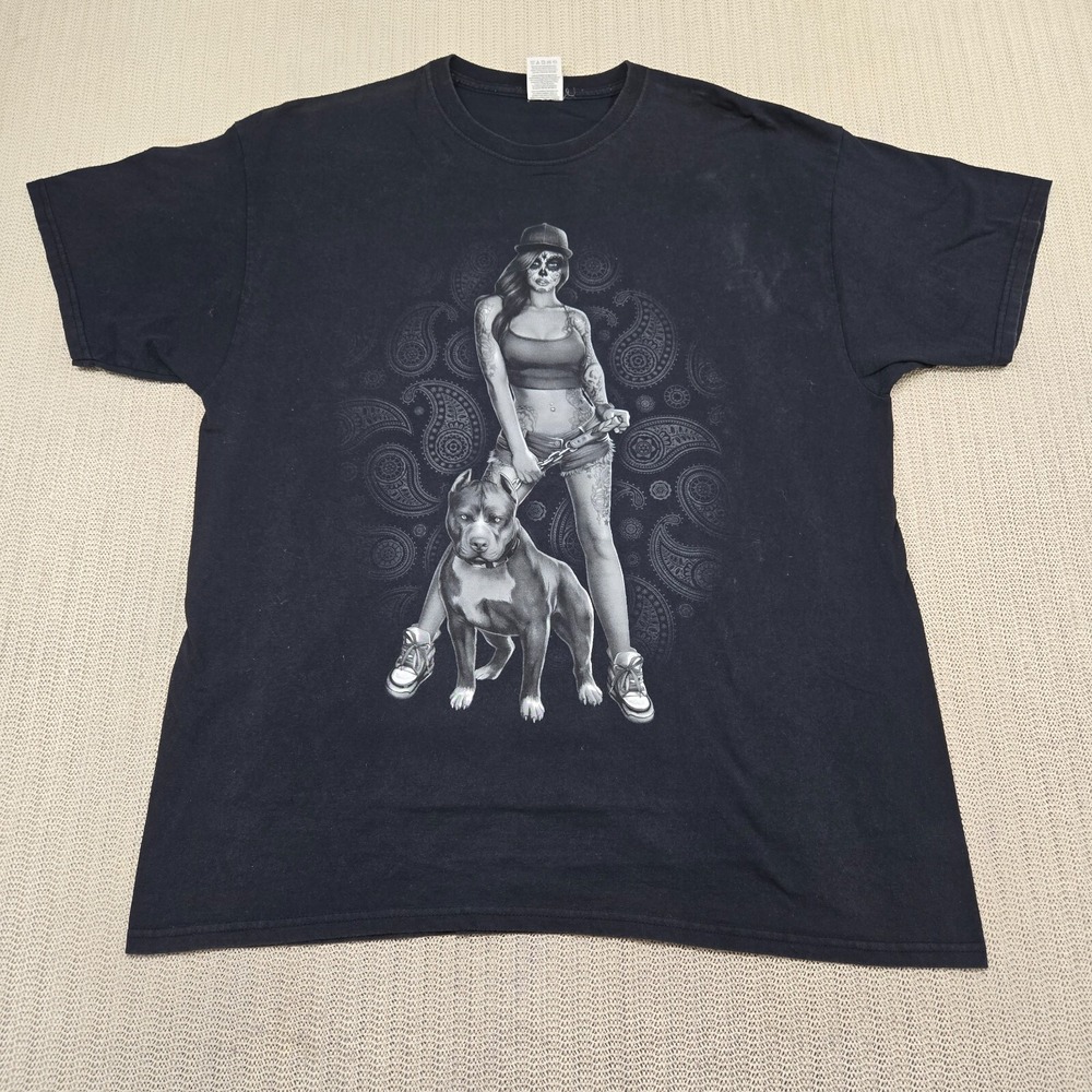 Vintage Y2K Pit Bull Chola Sholo Shirt Mens‎ Extra Large Black Gangsta Paisley